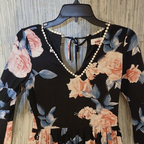 NWOT Bongo V Neck Bell Long Sleeve Back Tie Floral Mini Black Dress Size Small - Picture 4 of 12